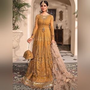 Authentic Official MARIA.B-MBROIDERED - Mustard Maxi Dress With Organza Duppata